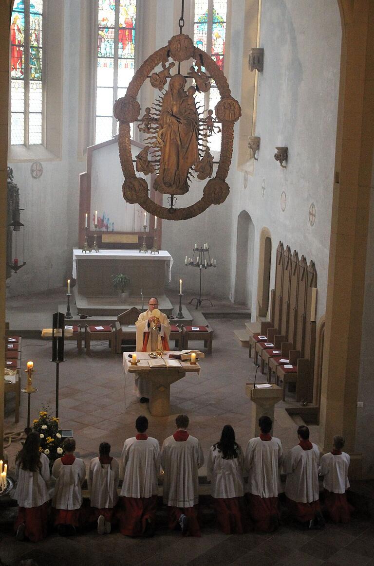 Seit 500 Jahren zieht die Madonna im Rosenkranz in der Wallfahrtskirche Maria im Weingarten in Volkach die Gläubigen wie ein religiöser Magnet an, auch beim Jubiläumsgottesdienst. Seit 500 Jahren zieht die Madonna im Rosenkranz in der Wallfahrtskirche Maria im Weingarten in Volkach die Gläubigen wie ein religiöser Magnet an, auch beim Jubiläumsgottesdienst.