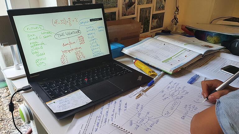 Ein Schüler verfolgt den Unterricht über seinen Laptop von zu Hause aus. Auf den Bildschirm wird das Tafelbild der Englisch-Stunde übertragen. Ein Schüler verfolgt den Unterricht über seinen Laptop von zu Hause aus. Auf den Bildschirm wird das Tafelbild der Englisch-Stunde übertragen.