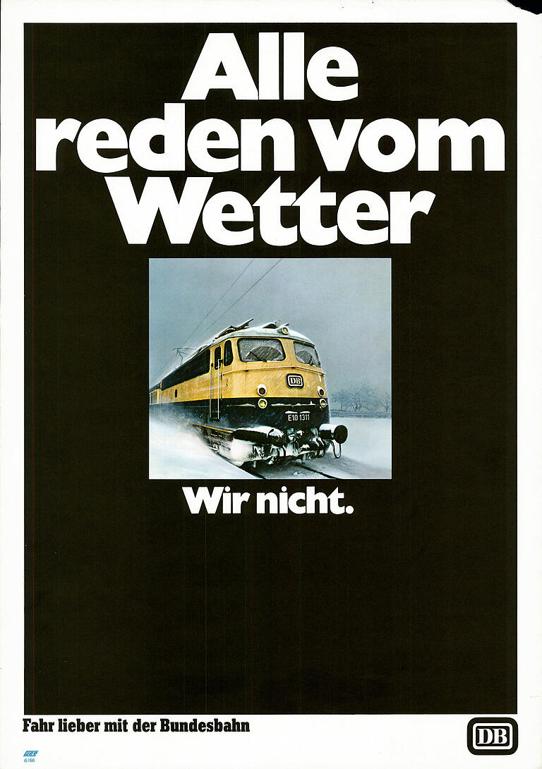 Die DB-Kampagne von McCann aus dem Jahr 1966 nutzt die E10 mit 'Bügelfalte' von Emil Schuh (Leiter Design-Center der Deutschen Bundesbahn) als ikonisches Motiv. Die DB-Kampagne von McCann aus dem Jahr 1966 nutzt die E10 mit 'Bügelfalte' von Emil Schuh (Leiter Design-Center der Deutschen Bundesbahn) als ikonisches Motiv. 