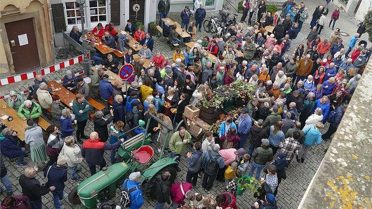 Der Festwagen mit der Letzten Fuhre in Dettelbach – umlagert von Wein- und Bremserfreunden.