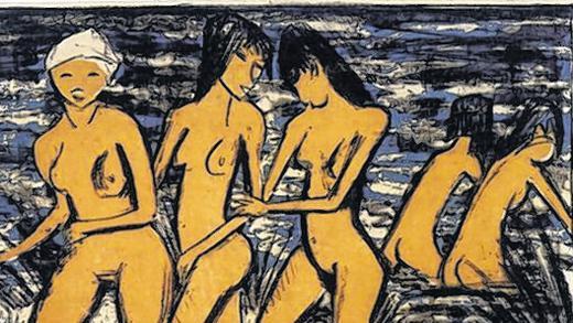 Fünf gelbe Akte am Wasser: Farblithografie von Otto Mueller, 1921