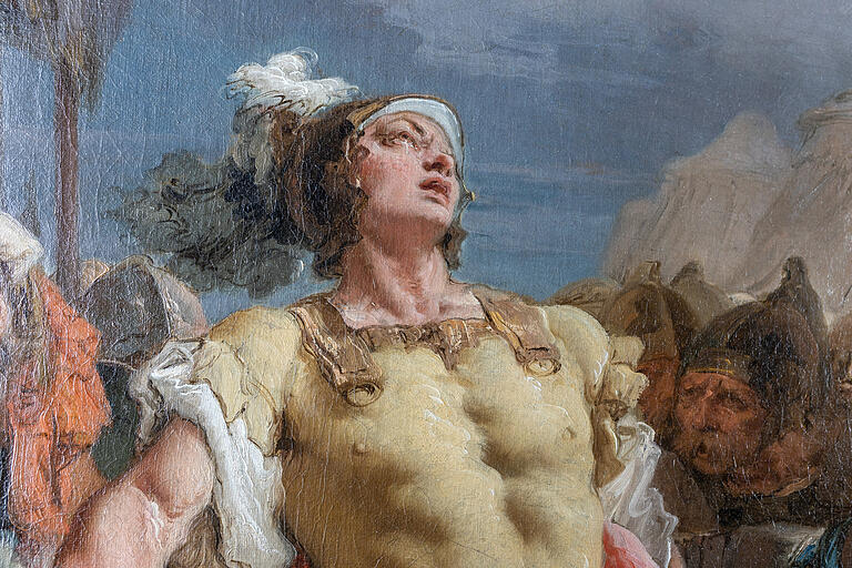 Mit schnellem, skizzenhaftem Strich: Durch die Restaurierung wird in den Details von Kleidung, Tüchern und Stoffen der Malstil Tiepolos wieder deutlich – Farbspritzer inklusive. Detail aus „Mucius Scaevola vor König Porsenna“.