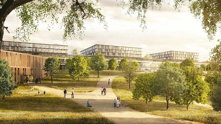 Mit neuen Kopfkliniken und einem Zentrum Frauen-Mutter-Kind wird das Würzburger Uniklinikum nach Norden hin erweitert. So stellt sich der Sieger des Planungswettbewerbs den Hauptzugang vor.