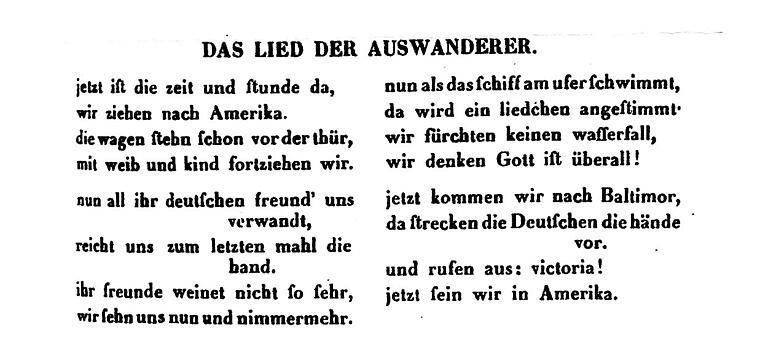 Das Lied der Auswanderer: W.v. Plönniers, Volksgesang aus dem Odenwald, in Zeitschrift für Deutsche Mythologie, 1. Band, 1853, S. 99 Das Lied der Auswanderer: W.v. Plönniers, Volksgesang aus dem Odenwald, in Zeitschrift für Deutsche Mythologie, 1. Band, 1853, S. 99