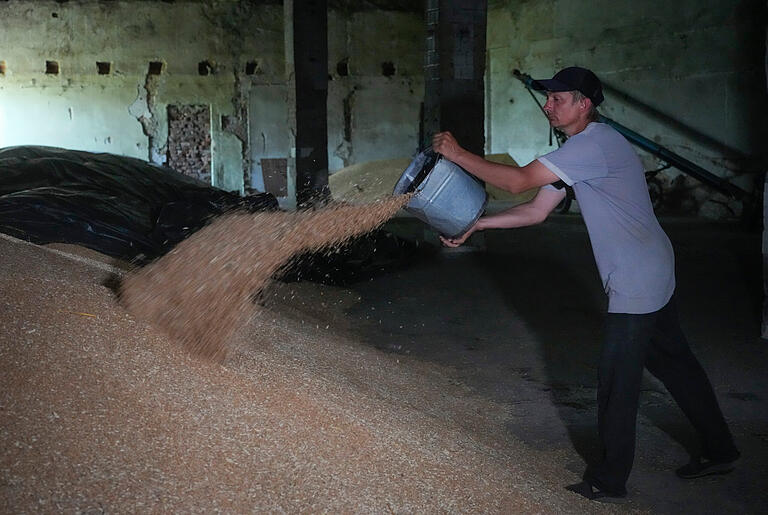 Wegen des Kriegs in der Ukraine - hier eine Lagerhalle im Ort Ptyche im Nordosten des Landes - können viele örtlichen Getreideproduzenten ihre Waren nicht mehr verkaufen. Das hat Folgen für den Weltmarkt.