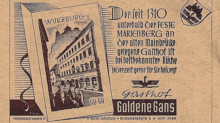 Werbung aus der Vorkriegszeit: „Der seit 1310 unterhalb der Feste Marienberg an der alten Mainbrücke gelegene Gasthof ist bei bestbekannter Küche jederzeit gerne für Sie besorgt“. Werbung aus der Vorkriegszeit: „Der seit 1310 unterhalb der Feste Marienberg an der alten Mainbrücke gelegene Gasthof ist bei bestbekannter Küche jederzeit gerne für Sie besorgt“.