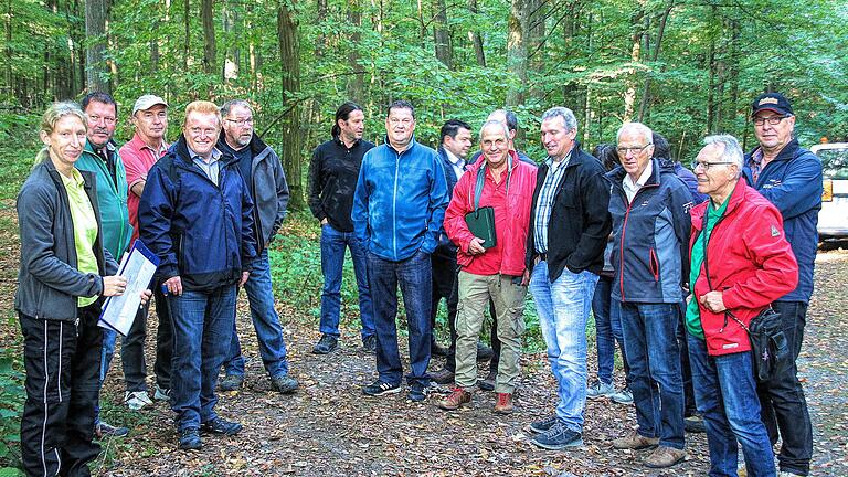 Der Marktgemeinderat  im Maßbacher Gemeindewald.  Försterin Ute Kerschbaum (ganz links) erläuterte beim Rundgang, dass der Klimawandel und die extreme Witterung Probleme bereiten.  4. von links: Bürgermeister Matthias Klement. Foto: Dieter Britz       -  Der Marktgemeinderat  im Maßbacher Gemeindewald.  Försterin Ute Kerschbaum (ganz links) erläuterte beim Rundgang, dass der Klimawandel und die extreme Witterung Probleme bereiten.  4. von links: Bürgermeister Matthias Klement. Foto: Dieter Britz
