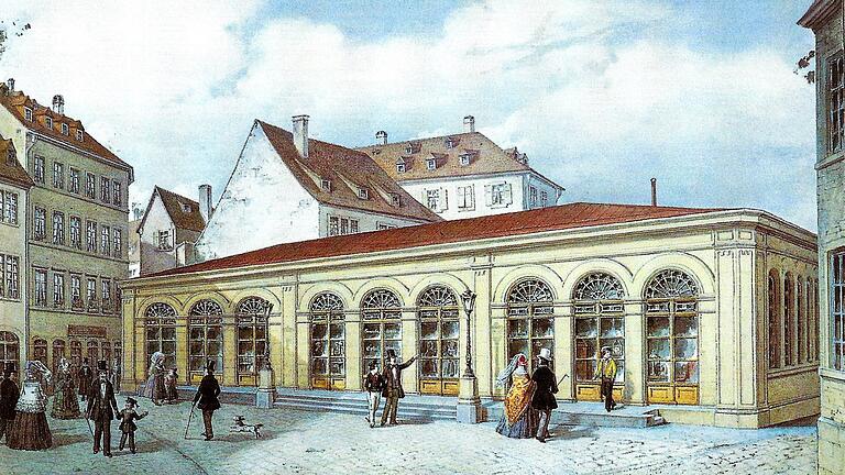 Ein Gebäude, das heute weitestgehend aus der Erinnerung verschwunden ist: Die 1851 eröffnete Gewerbehalle an der Eichhornstraße, eine Art frühes Kaufhaus der einheimischen Gewerbetreibenden, auf einem Aquarell von Peter Geist.