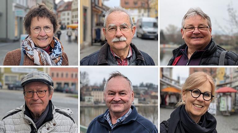 Anna-Maria Spörlein, Lüder Lenz, Roland Straußberger (oben von links), Rolf Wenkheimer, Norbert Degan und Anja Falkenberg (unten von links) sprechen darüber, wie sie persönlich angesichts des Ukraine-Kriegs die aktuelle Sicherheitslage einschätzen.