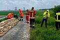 Egal welcher Organisation die Helferinnen und Helfer angehören: Hier arbeiten sie 'Schulter an Schulter' und bauen in einer bunten Menschenkette eine Deichverstärkung.