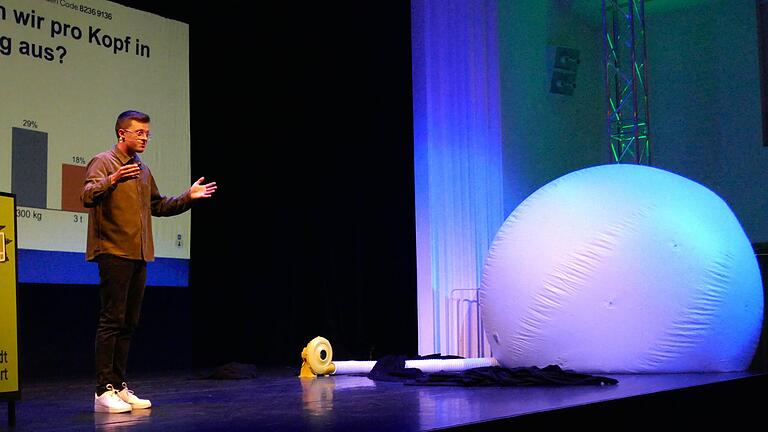 38 Kilogramm Kohlendioxid stößt ein Deutscher täglich aus. Jacob Beautemps demonstrierte die Menge mit einem Ballon.