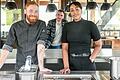 Holger Metzger (Mitte), Chef des Brückenbarons in Bolzhausen, ist stolz auf sein Team: Küchenchef Alexander Gläsel und Service-Leiterin Latoya&nbsp; Neidel machen bei der TV-Sendung 'Mein Lokal, Dein Lokal' mit, die an diesem Dienstag mit einem Unterfranken-Special auf Kabel Eins startet.&nbsp;