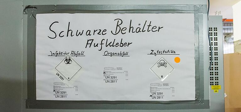 Infektiöse Abfälle, Organabfall und Zytostatika werden von einer Spezialfirma abgeholt und verbrannt.&nbsp;