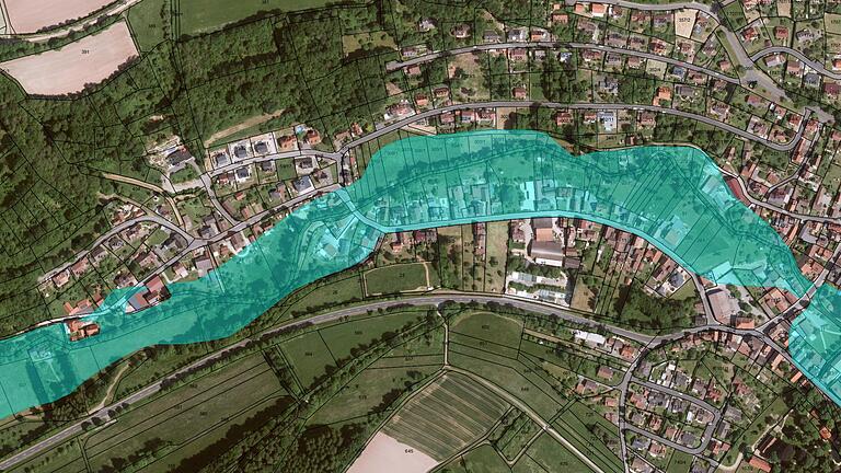 Ansicht des Überschwemmungsgebietes entlang des Baches Aschach im Bad Bockleter Ortsteil Aschach.