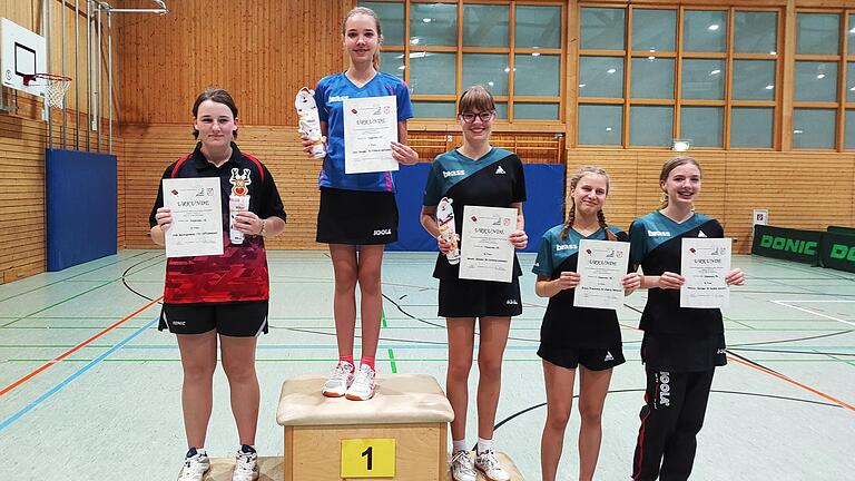 Siegerehrung bei den Tischtennis-Einzelmeisterschaften der Mädchen 15 in Nordwestbayern in Neuendettelsau (von links): Ines Baumgartner (TSV Gerbrunn, Platz zwei), Julia Sander (Platz eins), Isabell Sander (Platz drei), Elena Przyklenk (Platz vier) und Hannah Sander (alle Viktoria Wombach, Platz fünf).