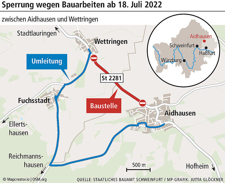 Vollsperrung wegen Bauarbeiten: Staatsstraße zwischen Aidhausen und Wettringen ab Montag nicht befahrbar