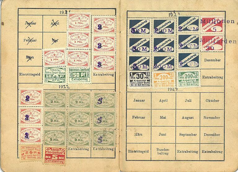 Im Mitgliedsbuch der Turngemeinde Karlstadt zeigt, dass der Beitrag monatlich kassiert wurde. 1921 kostete dieser eine Mark. Im November 1923 war er aufgrund der Hyperinflation auf 30 Milliarden Mark emporgeschnellt. Im Mitgliedsbuch der Turngemeinde Karlstadt zeigt, dass der Beitrag monatlich kassiert wurde. 1921 kostete dieser eine Mark. Im November 1923 war er aufgrund der Hyperinflation auf 30 Milliarden Mark emporgeschnellt. 