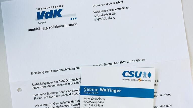 Zu einem 'Ratschnachmittag' hatte Sabine Wolfinger die Mitglieder des VdK-Ortsverbands Dürrbachtal eingeladen. Ihre Visitenkarte mit CSU-Logo legte sie bei. Zu einem 'Ratschnachmittag' hatte Sabine Wolfinger die Mitglieder des VdK-Ortsverbands Dürrbachtal eingeladen. Ihre Visitenkarte mit CSU-Logo legte sie bei.