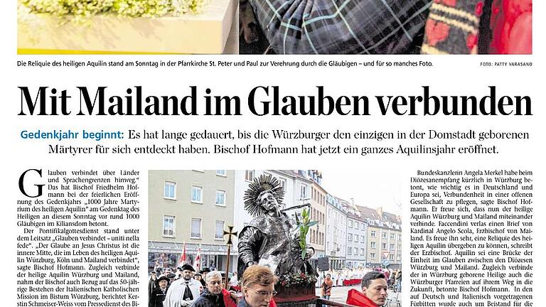 Aquilinjahr Berichte im Würzburger Lokalteil vom 29.1.2017       -  Zwei Berichte über die Eröffnung des Aquilinjahres im Würzburger Lokalteil der Zeitung vom 29.1.17. Wer sie geschrieben hat, war nicht erkennbar - also auch nicht, dass sie aus dem Pressedienst des Ordinatiats entnommen waren.
