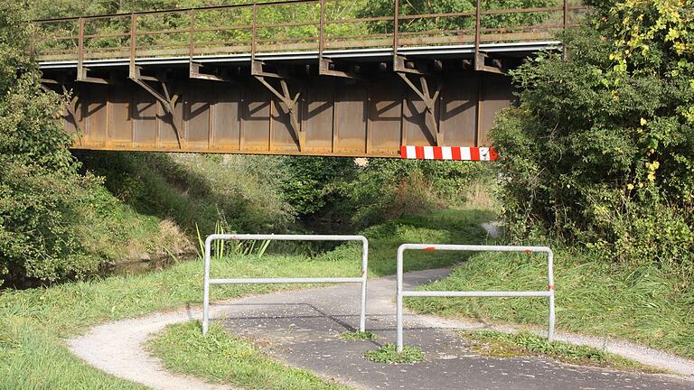 Diese mit dem Schild 'Radfahrer absteigen' kombinierten Umlaufsperren auf dem Werntalradweg zwischen Schönarts und Stetten sehen die Ersteller des Radverkehrskonzepts Main-Spessart als Gefahr für Radler an. Rüttelstreifen und Schilder sollen künftig darauf hinweisen.