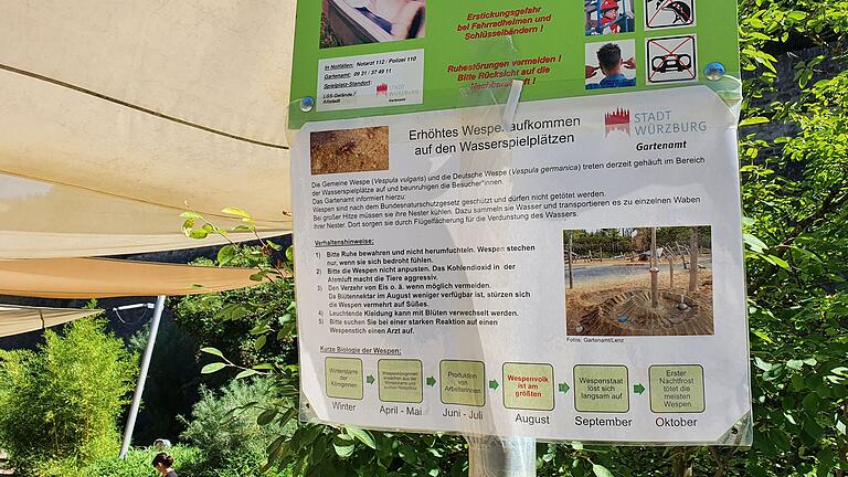 Auch am Wasserspielplatz auf dem Landesgartenschau-Gelände unterhalb der Festung wurden wegen des hohen Wespenaufkommens Warnschilder aufgehängt. Auch am Wasserspielplatz auf dem Landesgartenschau-Gelände unterhalb der Festung wurden wegen des hohen Wespenaufkommens Warnschilder aufgehängt.
