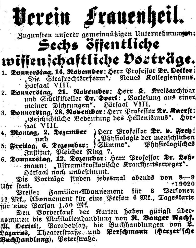 Vortragsprogramm im Wintersemester 1912 (Anzeige im Würzburger Generalanzeiger vom 29.10.1912). Vortragsprogramm im Wintersemester 1912 (Anzeige im Würzburger Generalanzeiger vom 29.10.1912).