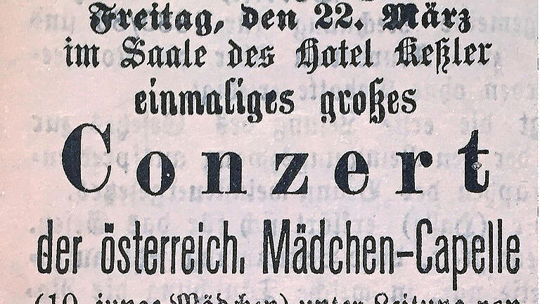 Die Voranzeige in der Lohrer Zeitung vom 18. März für das Konzert der österreichischen Mädchenkapelle aus Preßnitz am 22. März 1889.