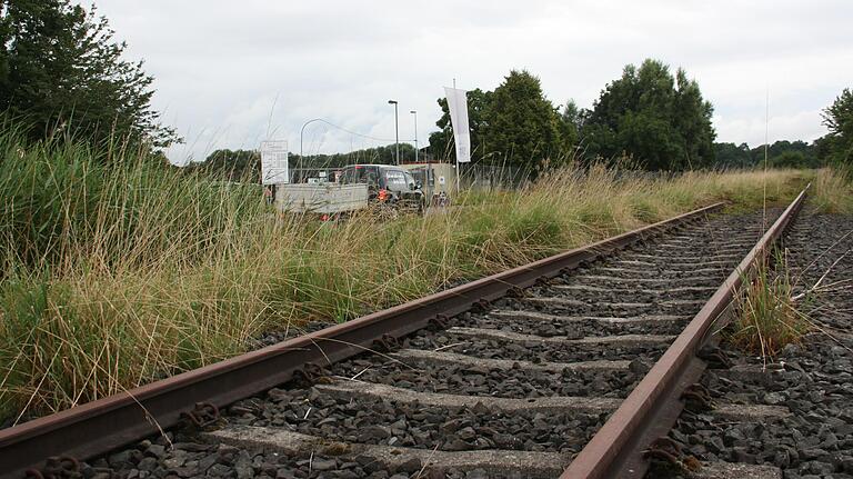 Der Bahndamm mit den Gleisen der stillgelegten Steigerwaldbahn liegt geschätzt mindestens einen Meter über dem Niveau der Zufahrt zum Wertstoffhof (links im Bild).