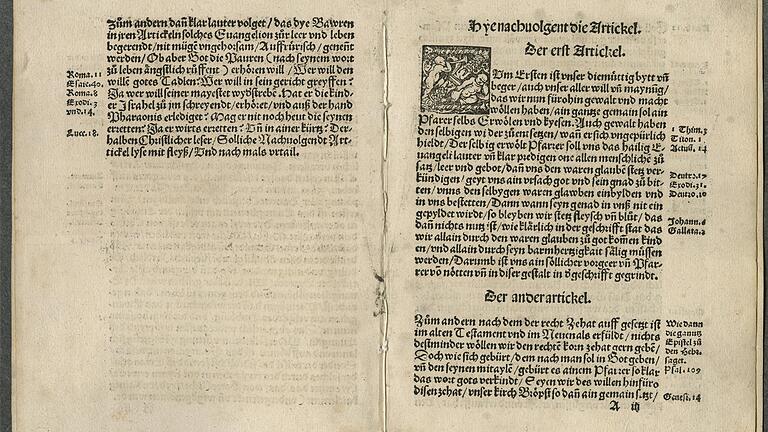 Originaldruck der 'Zwölf Artikel' der aufständischen Bauern von 1525, bei denen es sich um die erste schriftlich fixierte Forderung nach Menschenrechten handelt. Originaldruck der 'Zwölf Artikel' der aufständischen Bauern von 1525, bei denen es sich um die erste schriftlich fixierte Forderung nach Menschenrechten handelt.