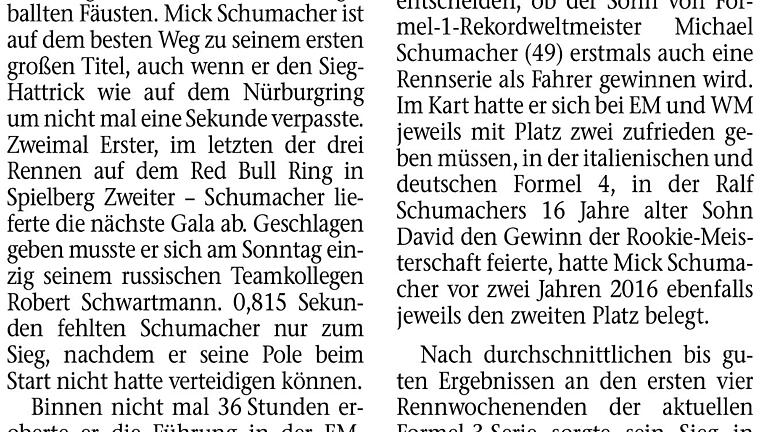 Beitrag im Sportteil vom 24.9.18       -  Drittklassig? Beitrag über Mick Schumacher, den Sohn von Michael Schumacher