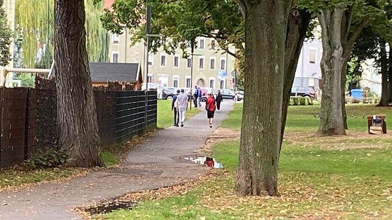 Die Fahrradstraße führt über den Spitalseeplatz, wohl auf dem im Bild zu sehenden asphaltierten Weg. Für die Fußgänger soll ein neuer wassergebundener Weg gebaut werden.