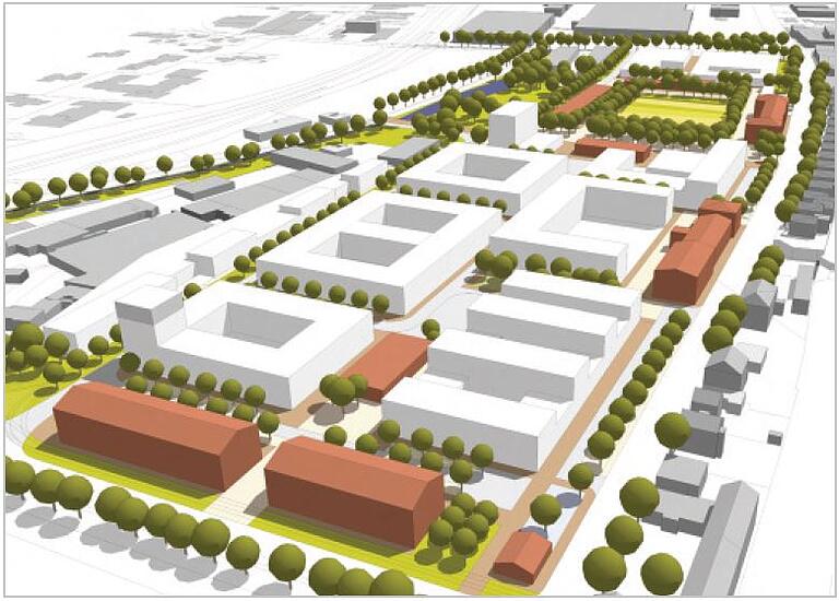 Der Masterplan für die Faulenberg-Kaserne an der Nürnberger Straße. Im Vordergrund die unter Denkmalschutz stehenden Backsteinhäuser. Dahinter die vorgesehenen gewerblichen Nutzungen. Die roten Gebäude stehen unter Denkmalschutz.