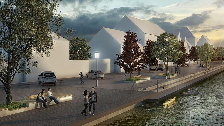 Der Obere Mainkai oder Mainkai Nord in Kitzingen nach der Sanierung und Umgestaltung. Die Visualisierung des Büros arc.grün zeigt den offenen Zugang zum Main, die neu gestaltete Flächen und die Lichtbänder, die mit den Straßenlampen, eine eigene Atmosphäre schaffen. Visualisierung: arc.grün Der Obere Mainkai oder Mainkai Nord in Kitzingen nach der Sanierung und Umgestaltung. Die Visualisierung des Büros arc.grün zeigt den offenen Zugang zum Main, die neu gestaltete Flächen und die Lichtbänder, die mit den Straßenlampen, eine eigene Atmosphäre schaffen. Visualisierung: arc.grün