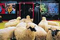 Der Salon des Tower-Appartements: Schafskulpturen von Lalanne und Warhol-Porträts.