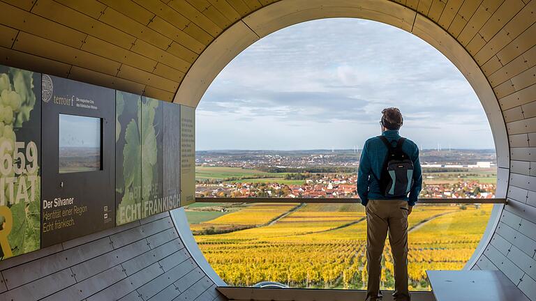 Der Blick durch den Terroir-f-Aussichtspunkt in Rödelsee erinnert an ein Fernrohr. Den Besuchern wird alles Erdenkliche über die Rebsorte Silvaner erklärt.