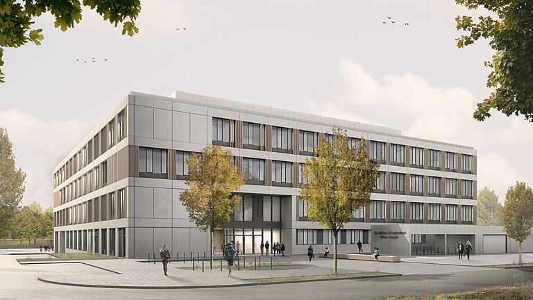 So soll der Neubau des Berufsschulzentrums Alfons Goppel in Schweinfurt im September 2022 ausschauen. Der symbolische Spatenstich für das von&nbsp; Schwinde-Architekten München entworfene Gebäude fand am Donnerstag statt.