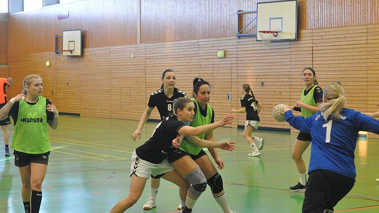 Die starke Bad Neustädter Torhüterin Susanne Grau schnappt sich in dieser Szene vor der besten TSV-Torschützin Elena Endres (dunkles Trikot, hier im Duell mit Andrea Ziegler am Kreis) den Ball. Luisa Braun (links), die beste Werferin des VfL Sportfreunde Bad Neustadt, schaut zu.