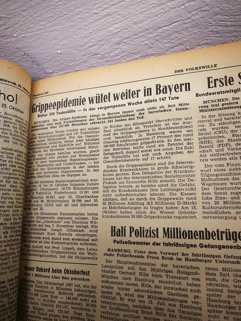 Zeitungsausschnitt 'Volkswille' vom 23. Oktober 1957 über die Pandemie 'Asiatische Grippe'