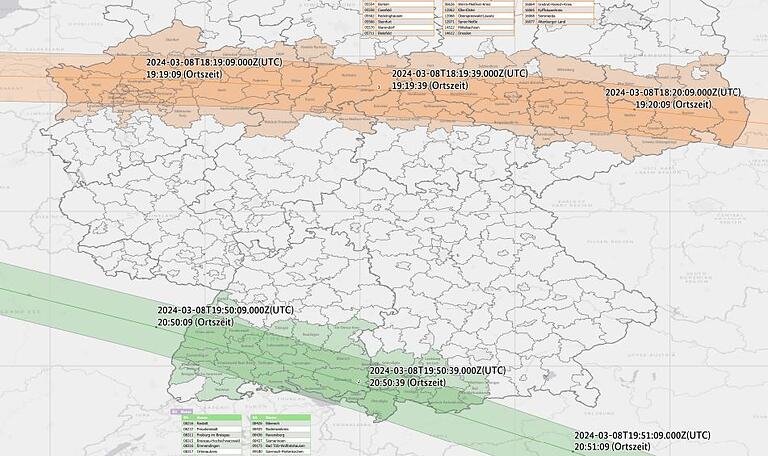 Das Bundesamt für Bevölkerungsschutz und Katastrophenhilfe hat am Freitagnachmittag neu berechnete Überflugbahnen für die ISS-Teile veröffentlicht.