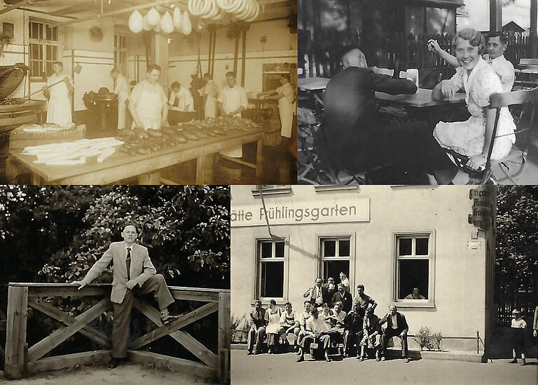 Alte Fotos aus Karl Wittstadts Familienbesitz: Oben links: In der alten 'Metzgerei Kast' arbeitete Wittstadts Vater. Unten links: Der junge Karl Wittstadt nach dem Krieg. Rechts: Gäste im Garten der Gaststätte der Familie, sowie die Vorderansicht des alten Gasthauses mit Belegschaft.&nbsp;