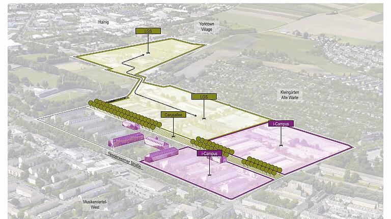 Im Bild gut zu sehen ist die Aufteilung der Ledward-Kaserne: Im Osten sind die Flächen für die FH, im Nordwesten entsteht die Landesgartenschau, im Südwesten verlässt im Sommer das Ankerzentrum die Kaserne und in der Mitte mit den Bäumen verläuft die Carusallee (Quelle: UmbauStadt GbR/WGF Nürnberg).