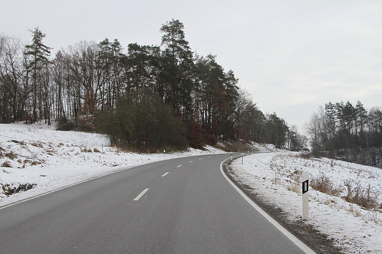 Hier vor dem Ortseingang auf der Staatsstraße 2274 nach Breitbrunn soll links der Steinbruch entstehen und ist rechts die Halde für den Abraum vorgesehen.