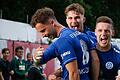 Jubel bei (von links) Lukas Imgrund, Julian Schmidt und Dennie Michel im Hinspiel des FV 04 Würzburg gegen Donaustauf. Imgrund und Michel waren auch im Rückspiel dabei, das die Zellerauer mit 4:1 gewannen. Nachdem die Bayernliga-Partie zuvor zweimal abgesagt worden war, fand sie im dritten Anlauf statt.