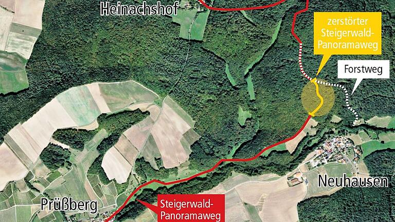 Zerstörter Panorama-Wanderweg bei Neuhausen - Der zerstörte Bereich des Steigerwald-Panorama-Wanderweges oberhalb von Neuhausen in Richtung Heinachshof. Zerstörter Panorama-Wanderweg bei Neuhausen - Der zerstörte Bereich des Steigerwald-Panorama-Wanderweges oberhalb von Neuhausen in Richtung Heinachshof.