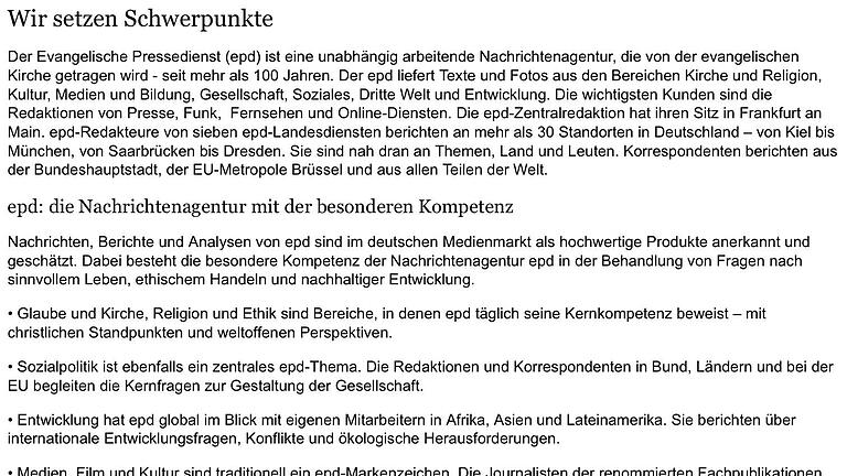 epd Schwerpunkte       -  Schwerpunkte Evangelischer Pressedienst. Entnommen von epd-Homepage