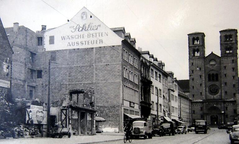 'Wäsche - Betten - Aussteuer': Das Firmengebäude in der Würzburger Domstraße 1952. 'Wäsche - Betten - Aussteuer': Das Firmengebäude in der Würzburger Domstraße 1952.