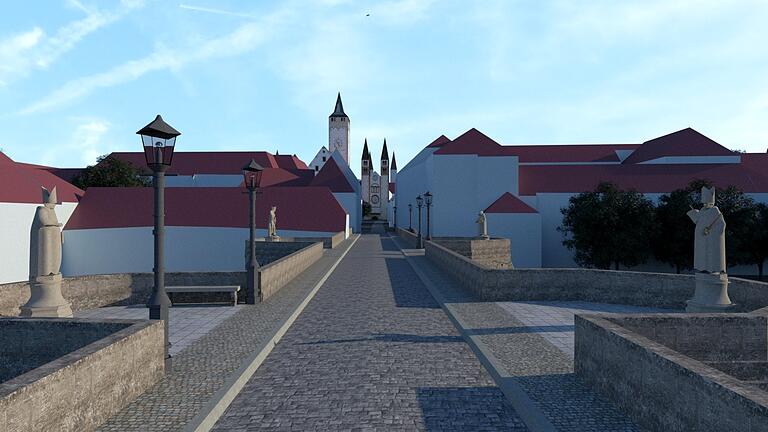 Der Blick auf die virtualisierte Stadt von der alten Mainbrücke aus. Der Blick auf die virtualisierte Stadt von der alten Mainbrücke aus.