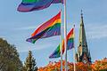 Regenbogenflagge vor einer Kirche. In Würzburg werden schon zum zweiten Mal gleichgeschlechtliche Paare gesegnet.