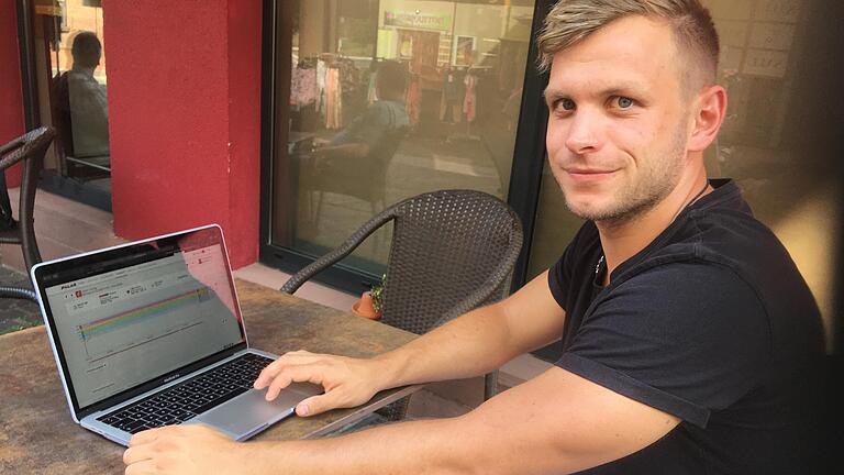 Kann sich beim Fitnesstraining erhobene Daten seiner Spieler auf seinem Laptop aufrufen: Maximilian Schmitt, Trainer des Handball-Bayernligisten TSV Lohr.