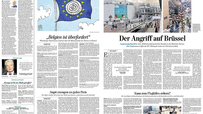 Brüssel Anschlag Seiten vom 23. März 16       -  Nach der Ankündigung auf dem Titel hier zwei der insgesamt vier aktuellen Zeitungsseiten vom Terror in Brüssel. Dafür spricht der Nachrichtenfaktor Nähe, sowohl räumlich als auch politisch.